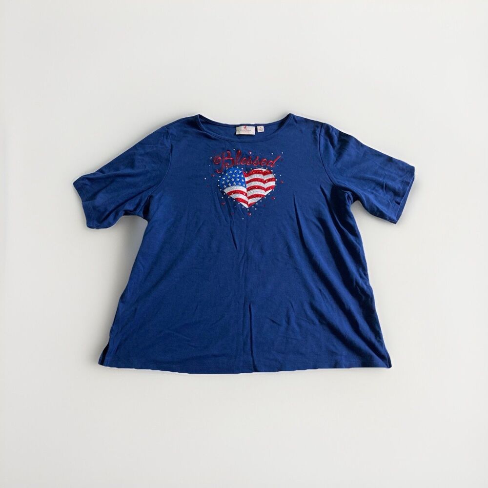 Quacker Factory 1X Embroidered Red White Blessed Blue Short Sleeve Top Shirt